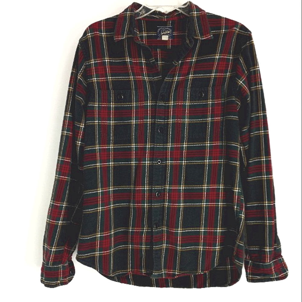 Vintage J. Crew Button Up Shirt Men's M Slim Plaid Dark Gray Green Red Washed